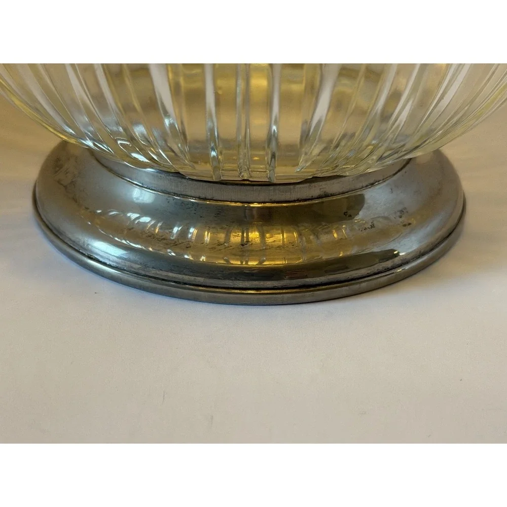 Vintage Made in Italy Ribbed Glass Pedestal Bowl Chrome Base Centerpiece Fruit